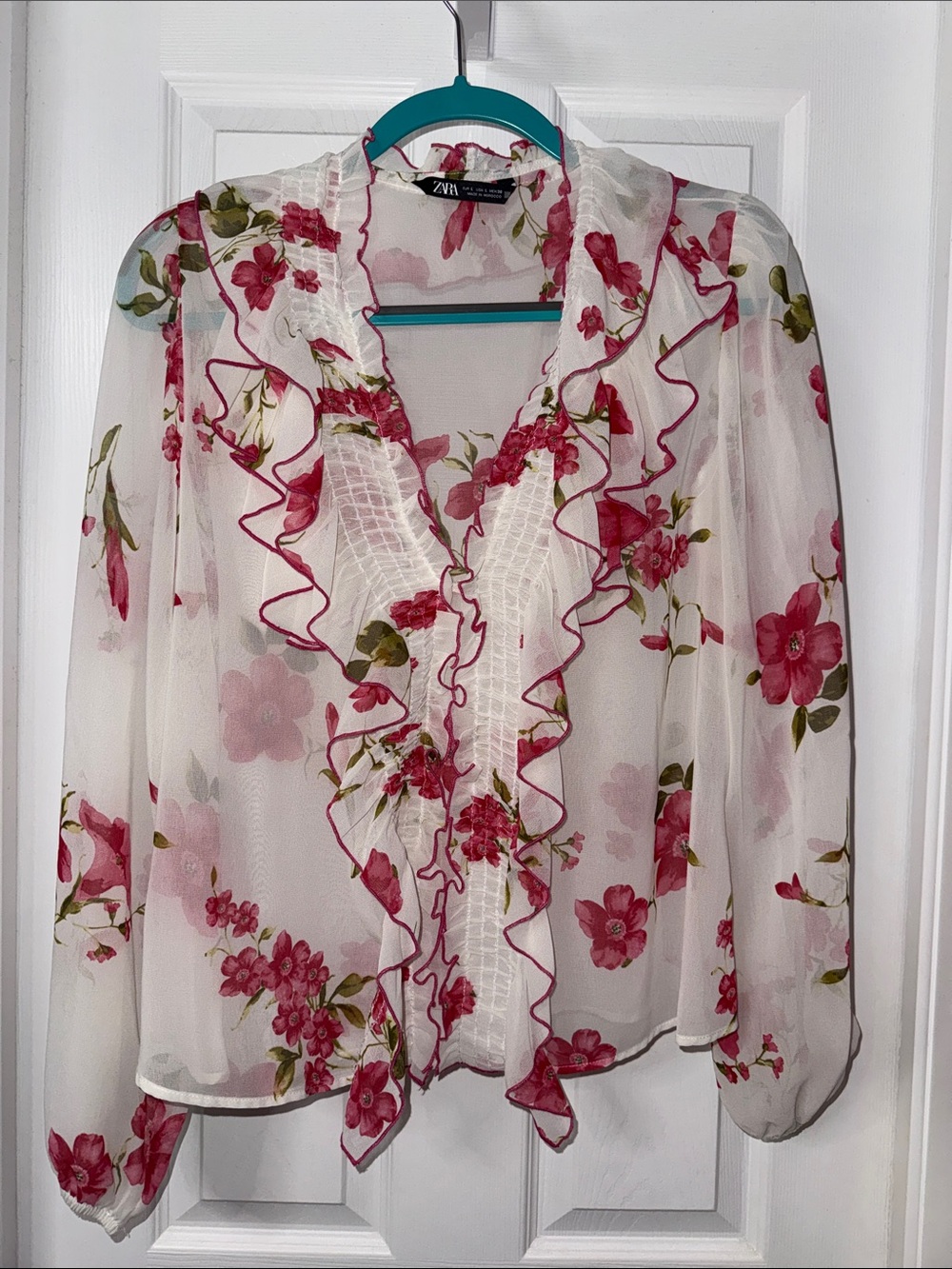 Zara Sheer Floral Blouse with Ruffles